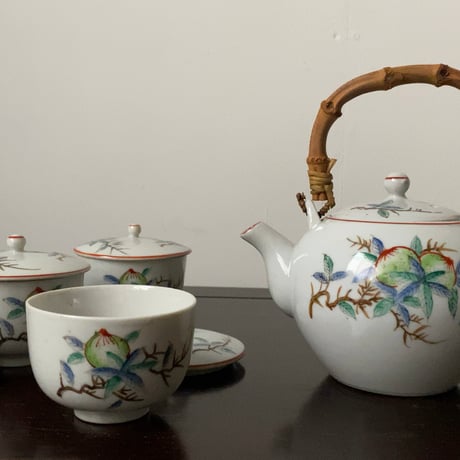 松風 古い茶器セット(急須+蓋茶碗5客) 桃柄 桃図 植物画   竹持ち手 湯呑 煎茶器