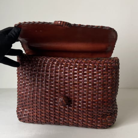 70s VINTAGE bag  OFFEL paris  オフィール パリス　レザー総編みハンドバッグ ケリー型 イントレチャート ブラウン クルミボタン 本革 革編み 中古良品