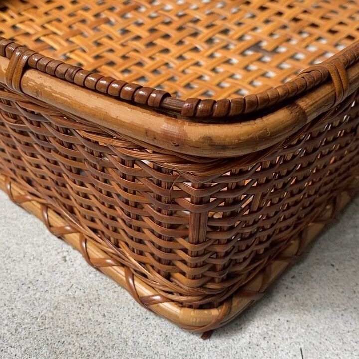 大正期 古い竹編の平籠 アンティークバスケット ヴィンテージカゴ 衣装  