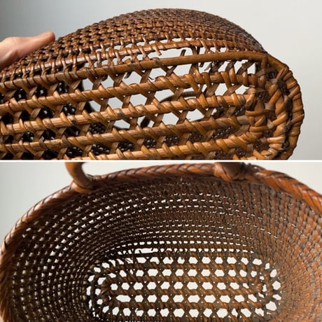 古い茶籠(ミニサイズ) 左右幅約22cm  黒ヤケ 濃飴色 トロトロ ヴィンテージカゴバッグ 籐編みトート型 籠バッグ 小ささが魅力