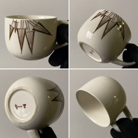 知山窯 コーヒーカップ&ソーサー5客セット 白磁＋幾何学模様絵付 ダークブラウン 傷無し完品