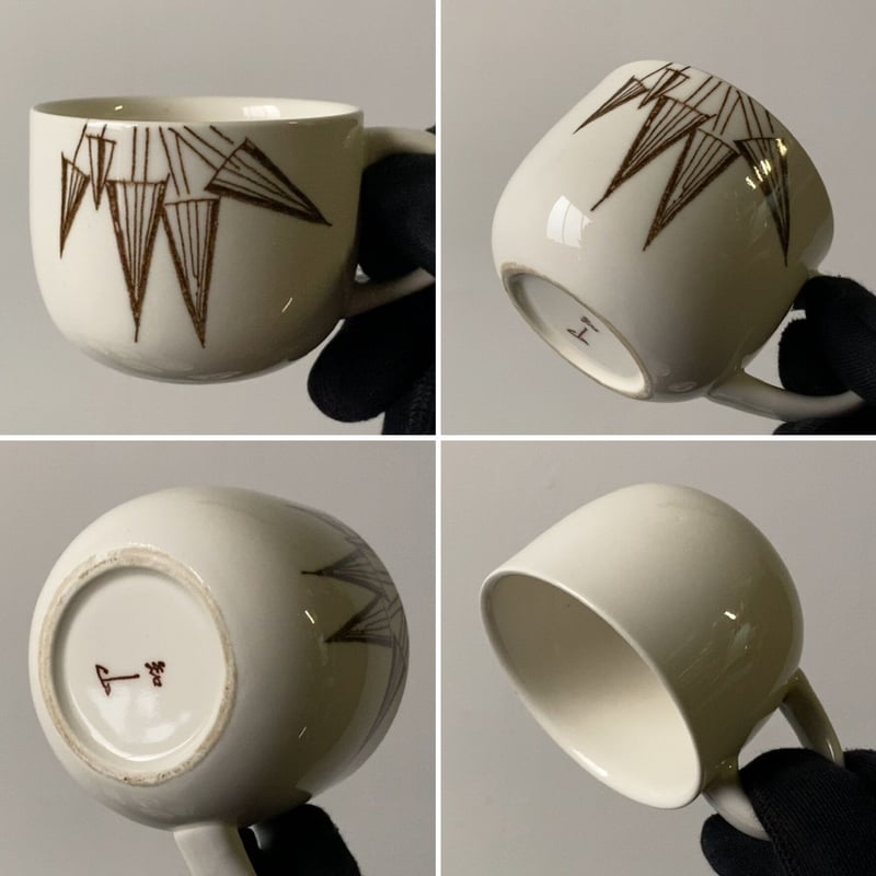 知山窯 コーヒーカップ&ソーサー5客セット 白磁＋幾何学模様絵付