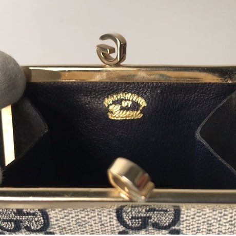 GUCCI グッチ オールドグッチ コーティングGGキャンバス/レザー ガマ口  コインケース  ネイビー ヴィンテージ 中古美品
