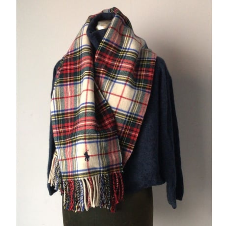 RALPH LAUREN  ラルフローレン   ウール100%  大判ストール  ひざ掛け 膝掛け  肩掛け マフラー  タータンチェック 赤/白  好配色  POLO ポロ  中古良品
