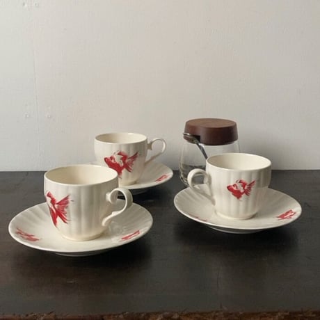 古作 金魚柄 コーヒーカップ＆ソーサー 6客セットデッドストック  昭和中期 戦後　箱有  完品