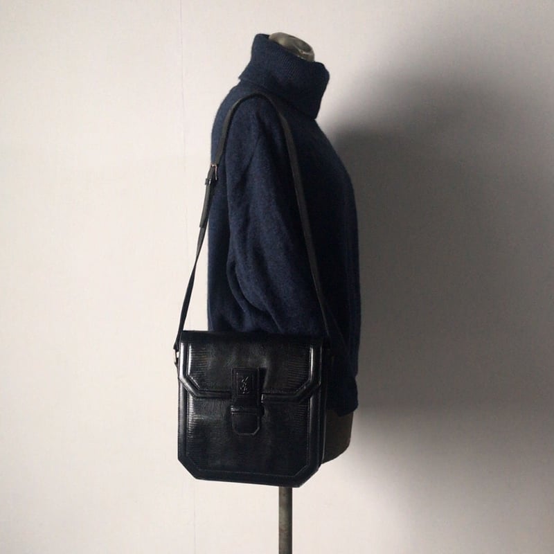 Yves Saint Laurent リザード型押し ショルダーハンドバッグ 黒 YSL イヴ・サンローラン 型押しリザード レザー ショルダー