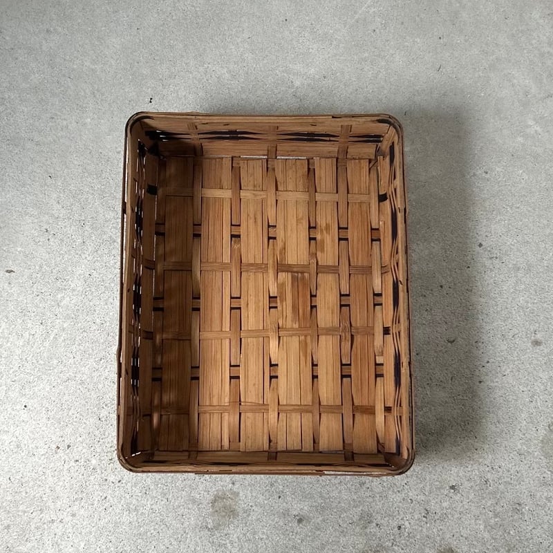 竹の平籠 バイカラーひしぎ編み 古作工芸品 竹工芸 手仕事 中型道具箱
