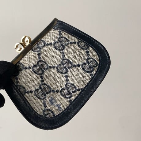GUCCI グッチ オールドグッチ コーティングGGキャンバス/レザー ガマ口  コインケース  ネイビー ヴィンテージ 中古美品