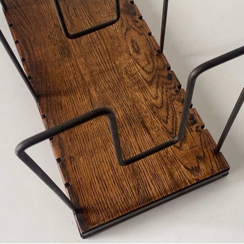 古い本立て 100年級の楢無垢材と3本スチールのブックスタンド 大正