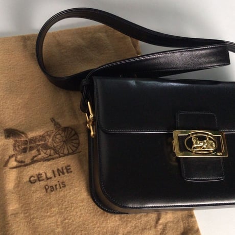 CELINE  セリーヌ  ゴールド馬車金具  カーフレザー  ショルダーバッグ   ブラック  ヴィンテージ  オールド   極美品