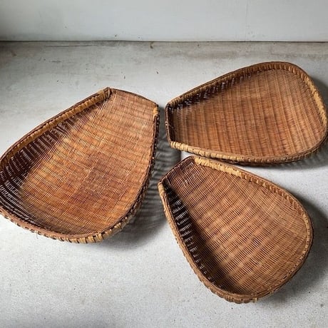 片口ざる 入れ子3点セット ヴィンテージ 箕ざる 竹編みザル 竹工芸 竹細工 工芸品 古民藝 古民具 古道具