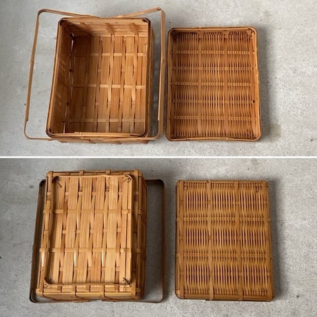 竹編みの豆腐籠 幅約28cm 手提げカゴ 竹かご 茶籠 煎茶道具 ピクニックボックス 道具箱 竹工芸