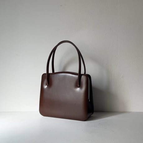 古いレザーのハンドバッグ  スムースレザー ブラウン がま口型 ヴィンテージバッグ フォーマル  中古良品
