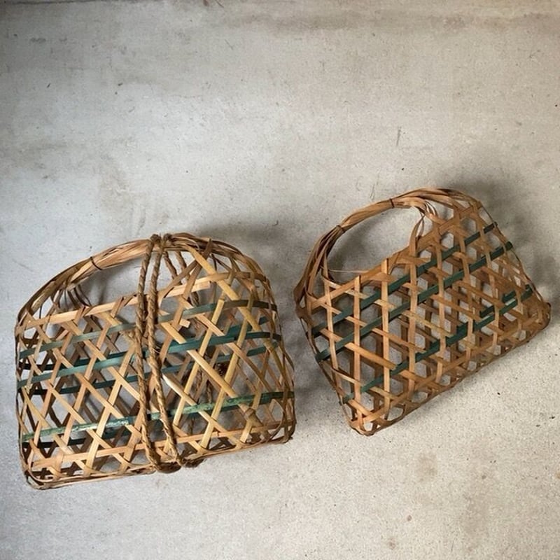 古民具手編み籠大と小セット 古い竹編みのみかんカゴ 大と小 昭和初期-中期 簡易籠 お土産