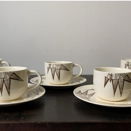 知山窯 コーヒーカップ&ソーサー5客セット 白磁＋幾何学模様絵付 ダークブラウン 傷無し完品
