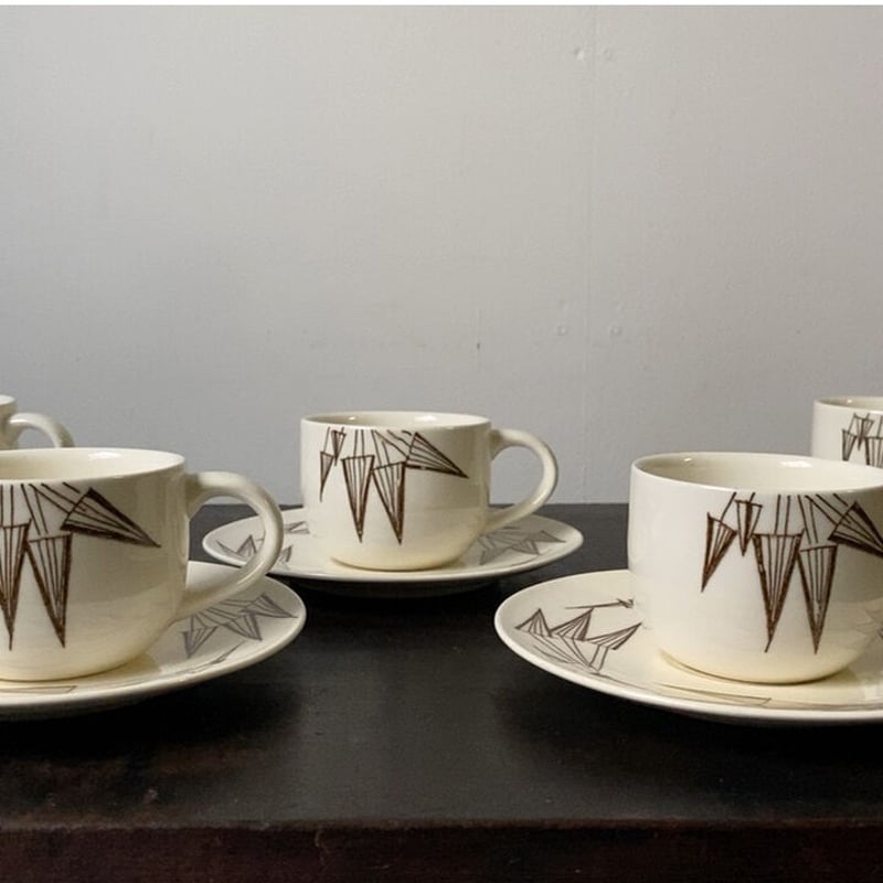 知山窯 コーヒーカップ&ソーサー5客セット 白磁＋幾何学模様絵付