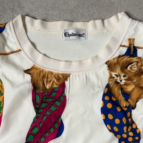 CHADORIAN チャドリアン 猫柄のトレーナー サテンフロント 猫画 総柄 レトロ ヴィンテージ 中古良品