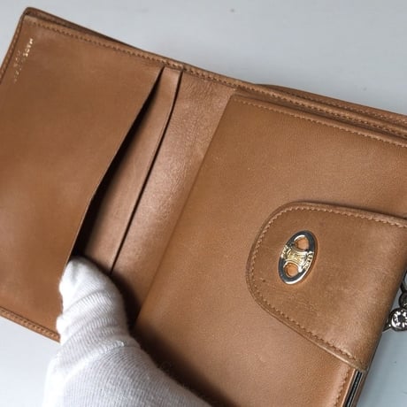 CELINE セリーヌ ガマ口 コンパクト財布 マカダム 2トーンレザー ベージュ ゴールド オールド ヴィンテージウォレット　中古良品