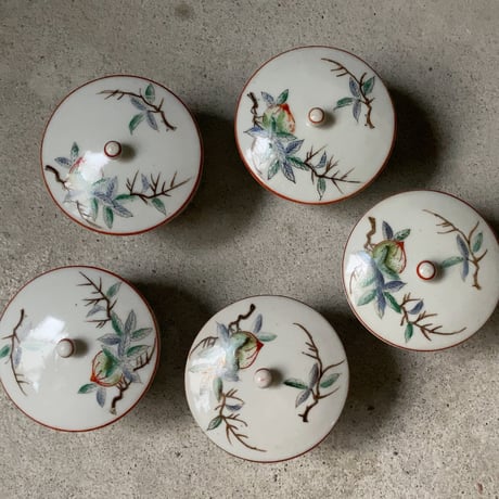 松風 古い茶器セット(急須+蓋茶碗5客) 桃柄 桃図 植物画   竹持ち手 湯呑 煎茶器