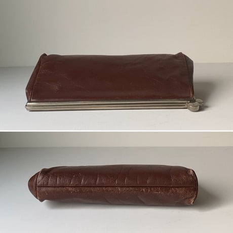 ヴィンテージ がま口 クラックバッグ ポーチ セカンドバッグ  レザー ボルドー系ブラウン 60s70s マチ有り 蛇腹開口 革鞄
