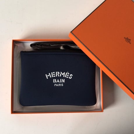 HERMES エルメス ネオバン PM フラットポーチ ネイビー/ブラック金具 ロゴ入りコスメポーチ 化粧ポーチ 小物入れ インバッグ 中古美品