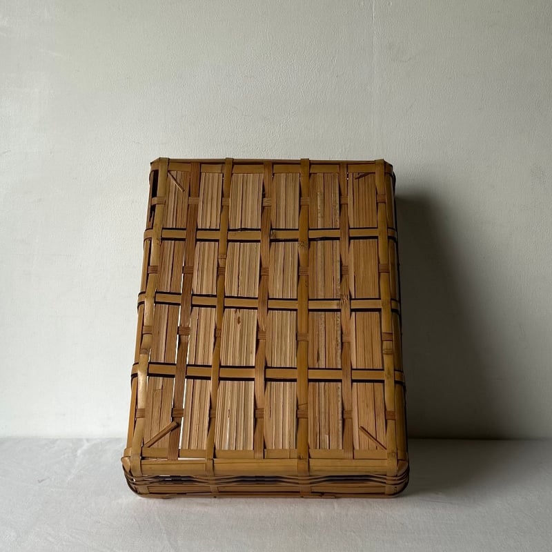 竹の平籠 バイカラーひしぎ編み 古作工芸品 竹工芸 手仕事 中型道具箱