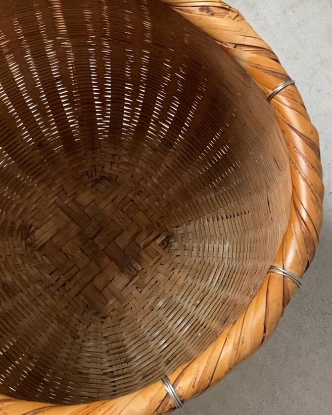 竹編みの壺籠 民藝籠 まるカゴ ござ編みワイヤー混合 頑丈な作りです