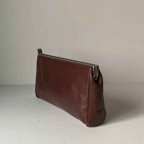 ヴィンテージ がま口 クラックバッグ ポーチ セカンドバッグ  レザー ボルドー系ブラウン 60s70s マチ有り 蛇腹開口 革鞄