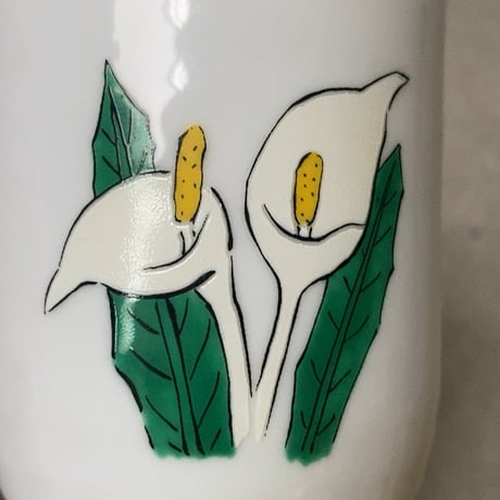 深川製 六花亭の湯呑と紙袋2点(大小) 坂本直行 さかもと なおゆき 画家 作  ミズバショウ 花の絵  深川製磁 富士流水のマーク  オールド深川 北海道名菓
