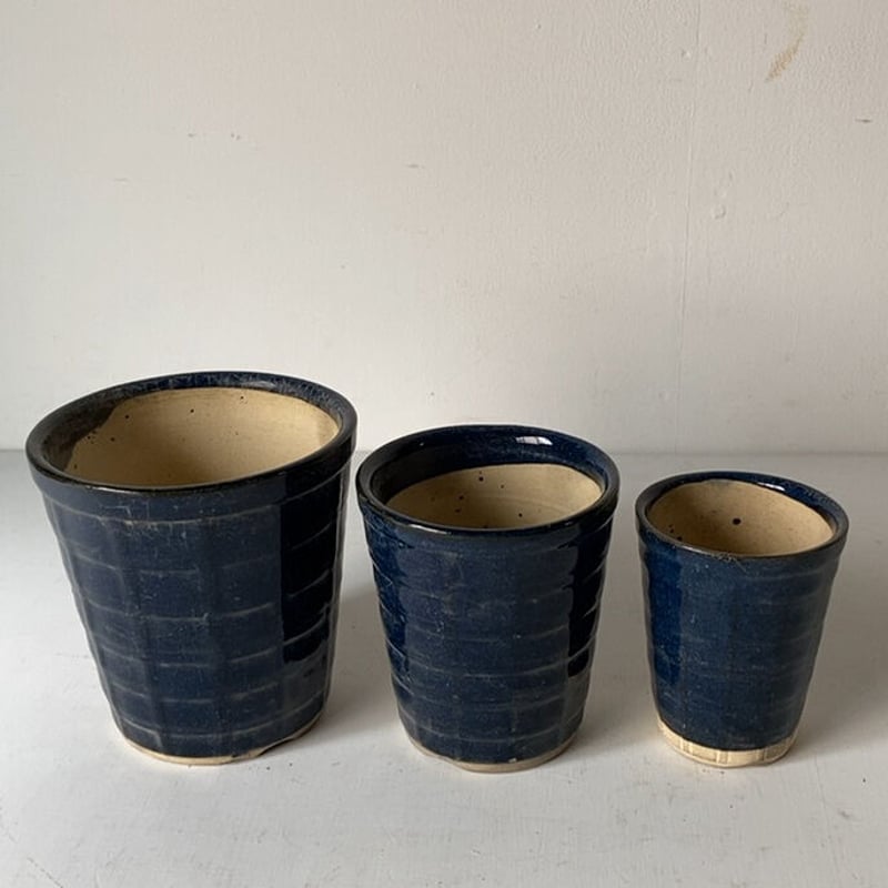 古い植木鉢. 瑠璃釉 格子紋様3鉢セット 70sオールドポット 入れ子3