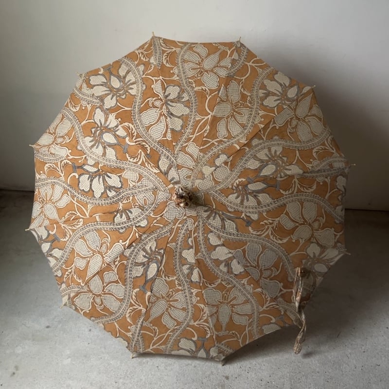 アンティーク日傘 型染 花柄 木彫りハンドル 竹ボタン 大正-昭和初期