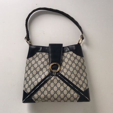 GUCCI グッチ オールドグッチ コーティングGGキャンバス/レザー ショルダー バッグ ネイビー ヴィンテージ 中古美品