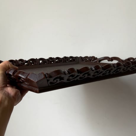 木製 木彫り 脇取盆  持手盆 純喫茶 スクエアトレー 唐草装飾 角盆 ヴィンテージトレー 美品範疇