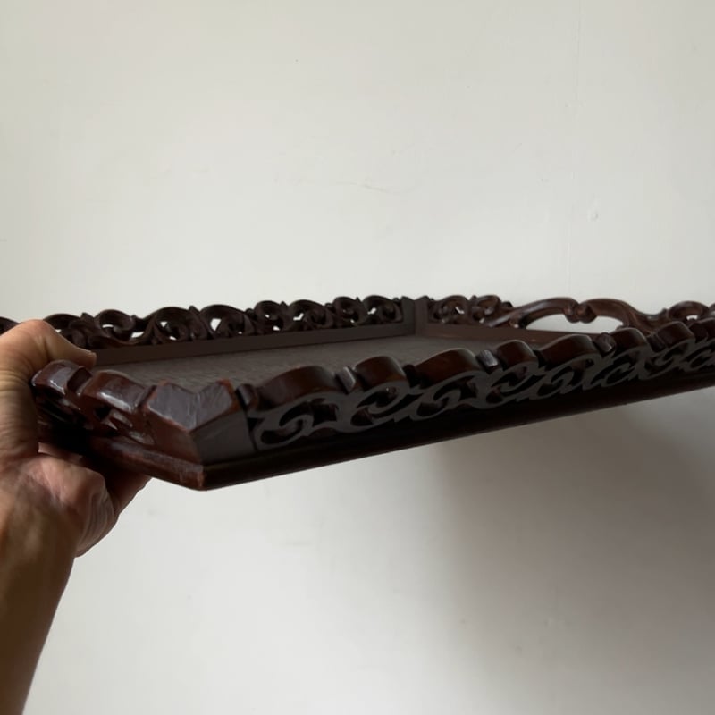 木製 木彫り 脇取盆 持手盆 純喫茶 スクエアトレー 唐草装飾 角盆