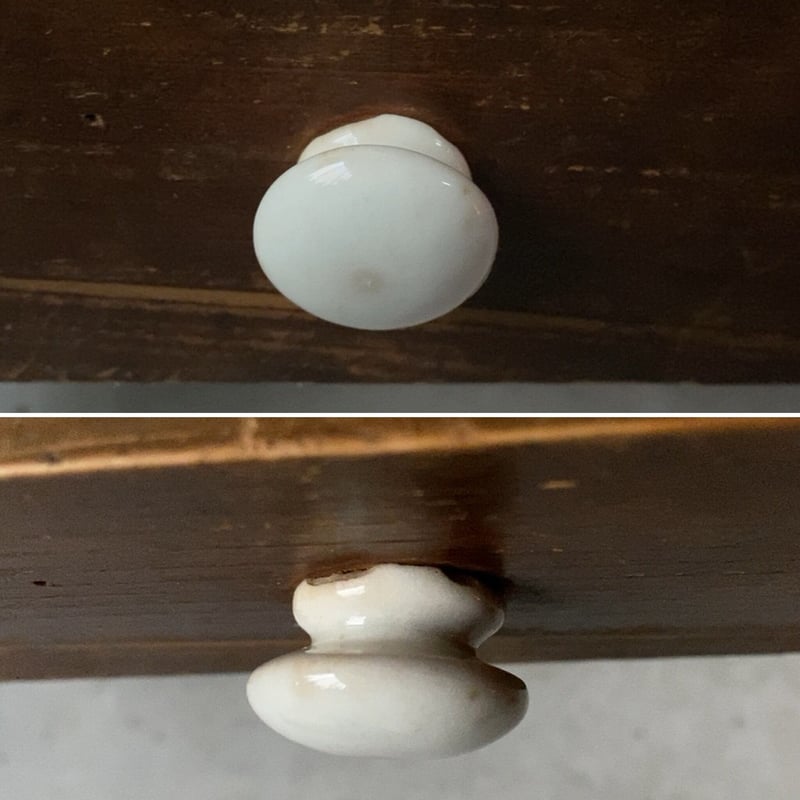 古い白木天板の文机 陶器摘みの1杯引出し 昭和初期 スベスベ木肌