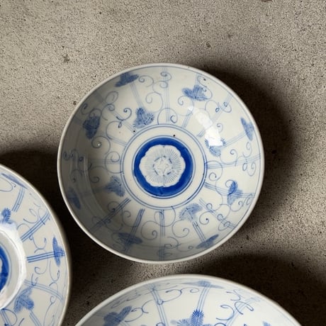 明治期 古い染付の入れ子鉢 (3鉢) アサガオ 蔓 絵  薄色  完品