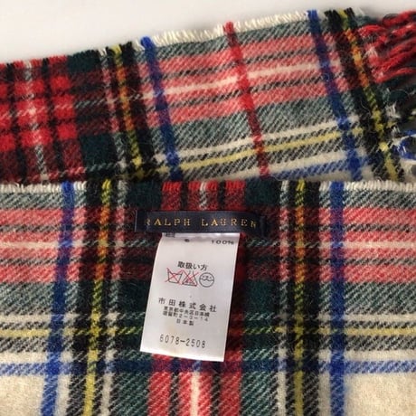 RALPH LAUREN  ラルフローレン   ウール100%  大判ストール  ひざ掛け 膝掛け  肩掛け マフラー  タータンチェック 赤/白  好配色  POLO ポロ  中古良品