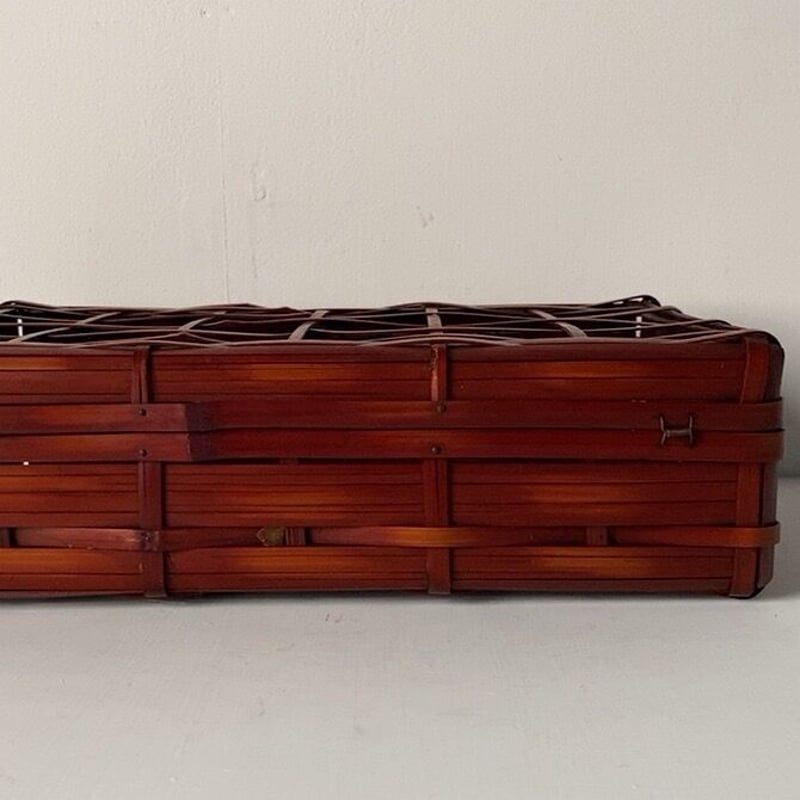 アンティーク 蓋付き竹編ボックス ひしぎ編み 蓋格子編み 楔ロック鍵