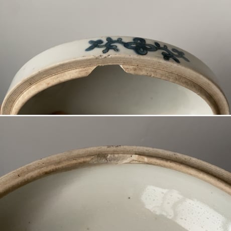 柘榴図 古作 三段重  ザクロ柄 染付 好配色 好モチーフ お重 おせち お祝い 焼物 円形重箱 ドーム蓋 ヴィンテージテーブルウェア