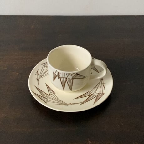 知山窯 コーヒーカップ&ソーサー5客セット 白磁＋幾何学模様絵付 ダークブラウン 傷無し完品