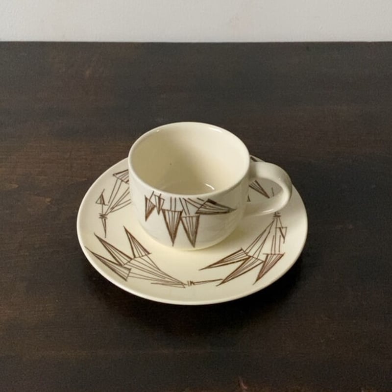 知山窯 コーヒーカップ&ソーサー5客セット 白磁＋幾何学模様絵付