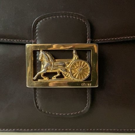 CELINE オールドセリーヌ 馬車金具 ダークブラウン ゴールド金具 ボックスカーフ 80s 90s ヴィンテージセリーヌ グッドコンディション