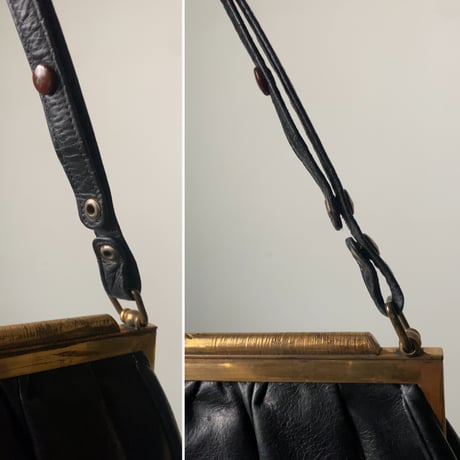 ヴィンテージ パーティバッグ  ブラックレザー/真鍮がま口  ギャザーデザイン ストラップは2way仕様  50s60s 中古良品
