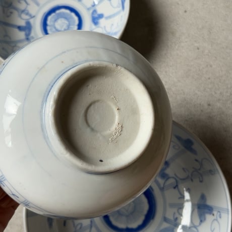 明治期 古い染付の入れ子鉢 (3鉢) アサガオ 蔓 絵  薄色  完品
