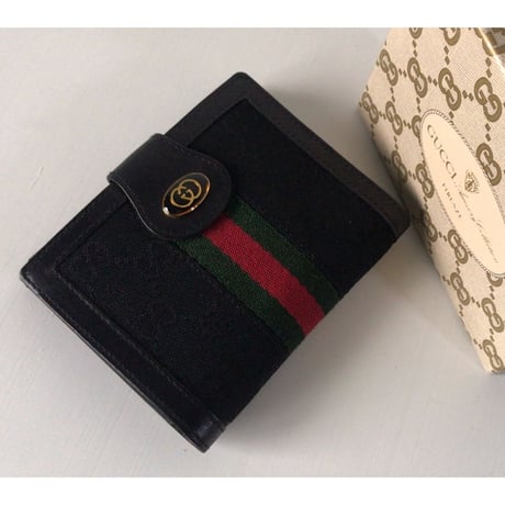 GUCCI オールドグッチ 2つ折りWホックコンパクトウォレット ミニ財布 レザー/ GGキャンバス ブラック 極美品　ヴィンテージウォレット