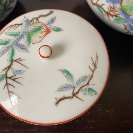 松風 古い茶器セット(急須+蓋茶碗5客) 桃柄 桃図 植物画   竹持ち手 湯呑 煎茶器