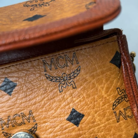 MCM オールドエムシーエム ヴィセトス柄 モノグラム コニャック ボールチェーン ミニミニショルダーバッグ フラップ ポシェット 中古美品
