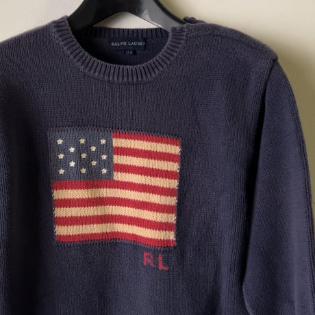 RALPH LAUREN ラルフローレン 星条旗 コットンセーター RLロゴ有り size 160  ヴィンテージ POLO ポロ 中古良品