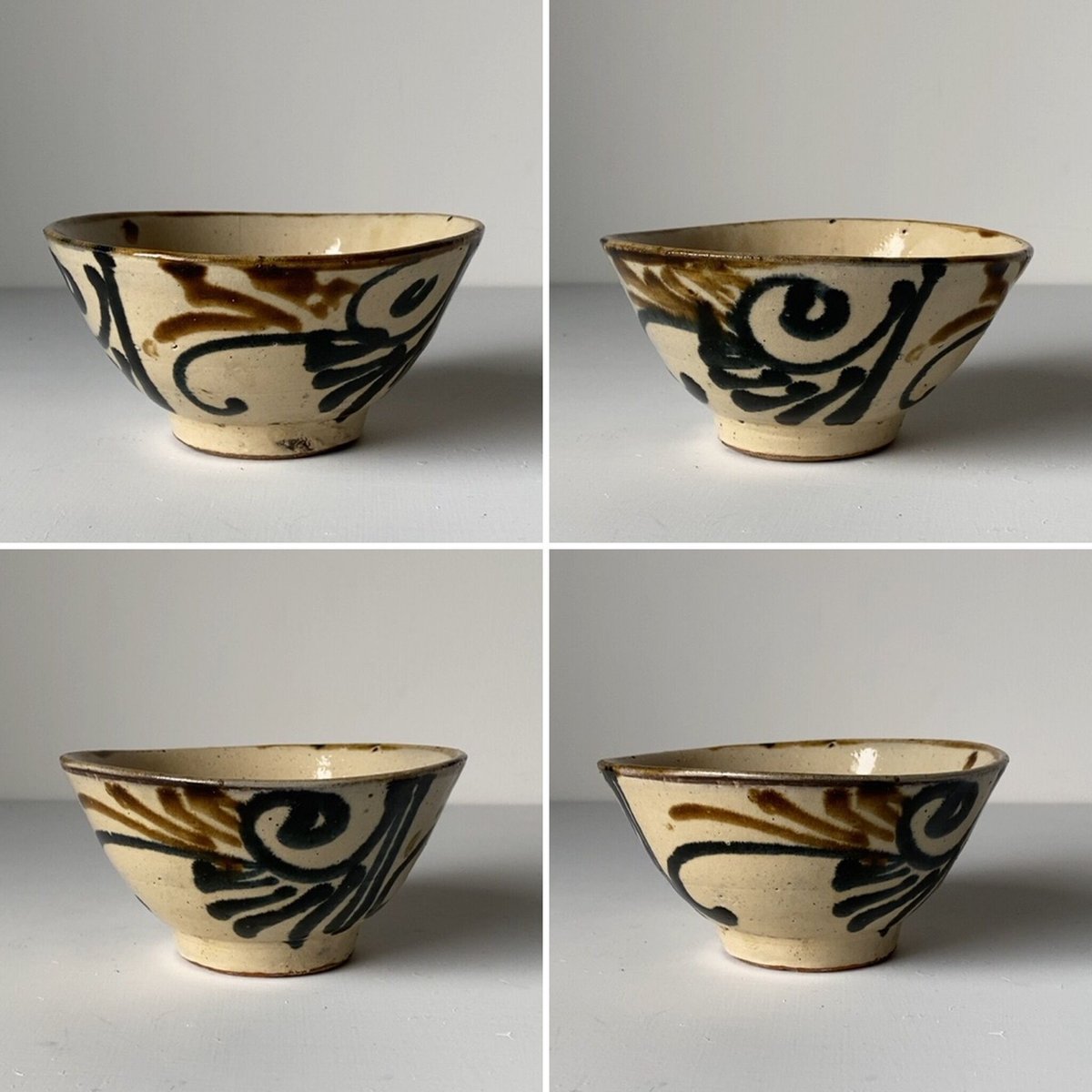 古琉球 やちむん 4.5寸マカイ 古作 登窯 唐草模様 呉須と飴釉の2色構成