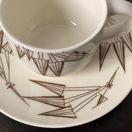 知山窯 コーヒーカップ&ソーサー5客セット 白磁＋幾何学模様絵付 ダークブラウン 傷無し完品